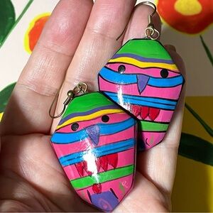 Adorable vintage colorful folk art wood striped owl/bird dangle earrings